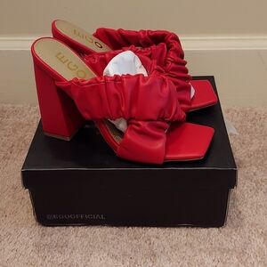 EGO Red Criscrossed Scruchy Style Block Heel Shoe